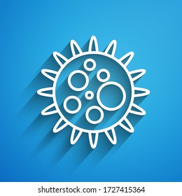 White line Virus icon isolated on blue background. Corona virus 2019-nCoV. Bacteria and germs, cell cancer, microbe, fungi. Long shadow. Vector Illustration