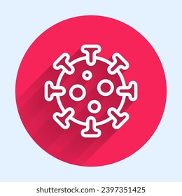 White line Virus icon isolated with long shadow. Corona virus 2019-nCoV. Bacteria and germs, cell cancer, microbe, fungi. Red circle button. Vector