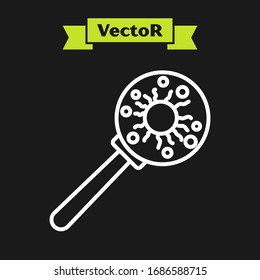 White line Virus under magnifying glass icon isolated on black background. Corona virus 2019-nCoV. Bacteria and germs, microbe, fungi.  Vector Illustration