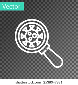 White line Virus under magnifying glass icon isolated on transparent background. Corona virus 2019-nCoV. Bacteria and germs, microbe, fungi.  Vector