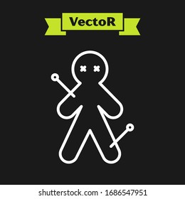 White line Voodoo doll icon isolated on black background.  Vector Illustration
