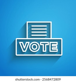 White line Vote box or ballot box with envelope icon isolated on blue background. Long shadow. Vector
