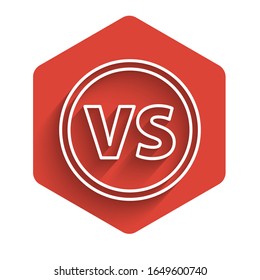 White line VS Versus battle icon isolated with long shadow. Competition vs match game, martial battle vs sport. Red hexagon button. Vector Illustration
