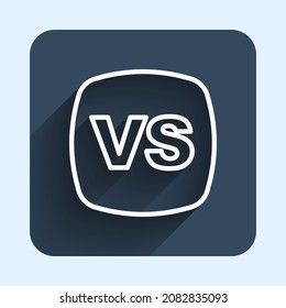 White line VS Versus battle icon isolated with long shadow background. Competition vs match game, martial battle vs sport. Blue square button. Vector