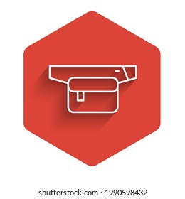 White line Waist bag of banana icon isolated with long shadow. Red hexagon button. Vector