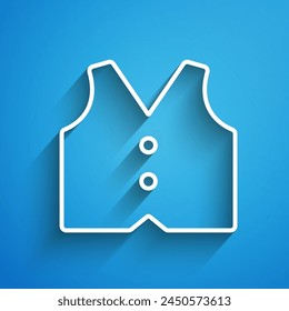 Icono de chaleco de línea blanca aislado sobre fondo azul. Chaleco clásico. Ropa formal para hombre. Sombra larga. Vector