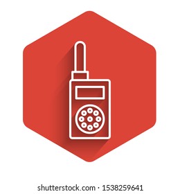 White line Walkie talkie icon isolated with long shadow. Portable radio transmitter icon. Radio transceiver sign. Red hexagon button. Vector Illustration