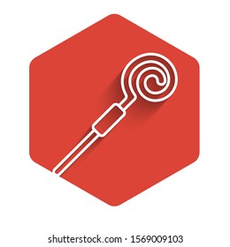 White line Walking stick icon isolated with long shadow. Happy Saint Patricks day. Red hexagon button. Vector Illustration