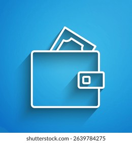 White line Wallet with stacks paper money cash icon isolated on blue background. Purse icon. Cash savings symbol. Long shadow. Vector