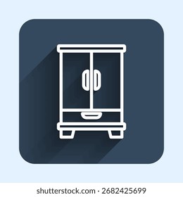 Icono de armario de línea blanca aislado con fondo de sombra largo. Letrero de armario. Botón cuadrado azul. Vector