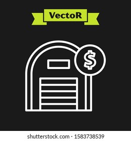 White line Warehouse with dollar symbol icon isolated on black background. Real estate concept.  Vector Illustration