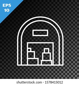White line Warehouse icon isolated on transparent dark background.  Vector Illustration