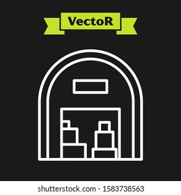 White line Warehouse icon isolated on black background.  Vector Illustration