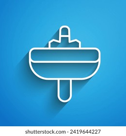 White line Washbasin with water tap icon isolated on blue background. Long shadow. Vector