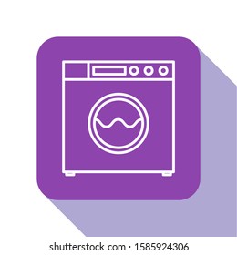 White line Washer icon isolated on white background. Washing machine icon. Clothes washer - laundry machine. Home appliance symbol. Purple square button. Vector Illustration