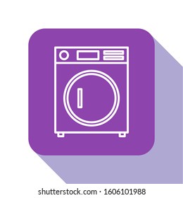 White line Washer icon isolated on white background. Washing machine icon. Clothes washer - laundry machine. Home appliance symbol. Purple square button. Vector Illustration