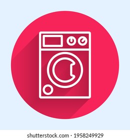 Icono del lavaparabrisas de línea blanca aislado con una sombra larga. Icono de lavadora. Lavadora de ropa - lavadora. Símbolo del dispositivo residencial. Botón de círculo rojo. Vector