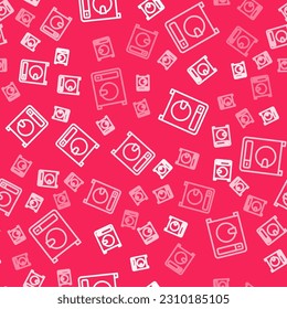 White line Washer icon isolated seamless pattern on red background. Washing machine icon. Clothes washer - laundry machine. Home appliance symbol.  Vector