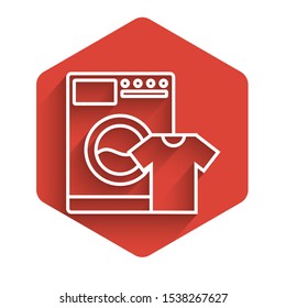 White line Washer and t-shirt icon isolated with long shadow. Washing machine icon. Clothes washer, laundry machine. Home appliance symbol. Red hexagon button. Vector Illustration