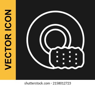 White Line Washing Dishes Icon Isolated On Black Background. Cleaning Dishes Icon. Dishwasher Sign. Clean Tableware Sign.  Vector