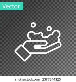 White line Washing hands with soap icon isolated on transparent background. Washing hands with soap to prevent virus and bacteria.  Vector