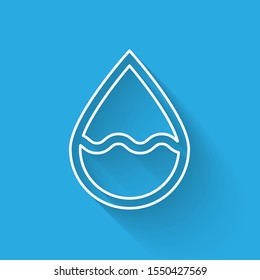 White line Water drop icon isolated with long shadow.  Vector Illustration