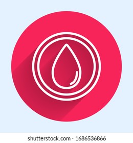 White line Water drop icon isolated with long shadow. Red circle button. Vector Illustration