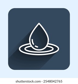 White line Water drop icon isolated with long shadow background. Blue square button. Vector