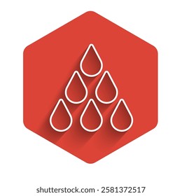 White line Water drop icon isolated with long shadow. Red hexagon button. Vector