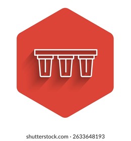 White line Water filter icon isolated with long shadow. System for filtration of water. Reverse osmosis system. Red hexagon button. Vector