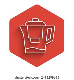 White line Water jug with a filter icon isolated with long shadow. Red hexagon button. Vector
