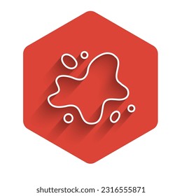 White line Water spill icon isolated with long shadow background. Red hexagon button. Vector