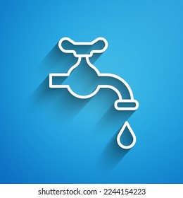White line Water tap with a falling water drop icon isolated on blue background. Long shadow. Vector