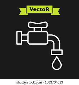White line Water tap icon isolated on black background.  Vector Illustration