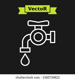 White line Water tap icon isolated on black background.  Vector Illustration