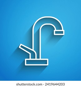 White line Water tap icon isolated on blue background. Long shadow. Vector