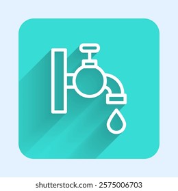 White line Water tap icon isolated with long shadow. Green square button. Vector