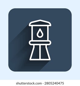 White line Water tower icon isolated with long shadow background. Blue square button. Vector