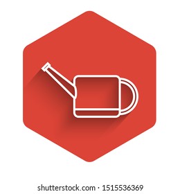 White line Watering can icon isolated with long shadow. Irrigation symbol. Red hexagon button. Vector Illustration