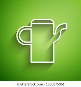 White line Watering can icon isolated on green background. Irrigation symbol.  Vector Illustration