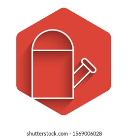 White line Watering can icon isolated with long shadow. Irrigation symbol. Red hexagon button. Vector Illustration