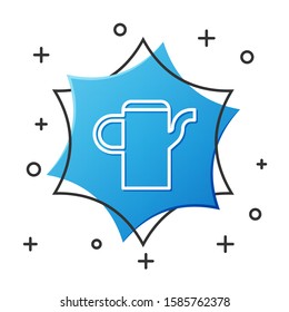 White line Watering can icon isolated on white background. Irrigation symbol. Blue hexagon button. Vector Illustration