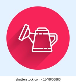 White line Watering can icon isolated with long shadow. Irrigation symbol. Red circle button. Vector Illustration