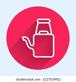 White line Watering can icon isolated with long shadow. Irrigation symbol. Red circle button. Vector