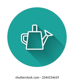 White line Watering can icon isolated with long shadow. Irrigation symbol. Green circle button. Vector