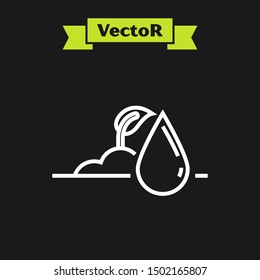 White line Watering sprout icon isolated on black background. Seed and seedling. Irrigation symbol. Leaf nature.  Vector Illustration