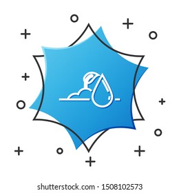 White line Watering sprout icon isolated on white background. Seed and seedling. Irrigation symbol. Leaf nature. Blue hexagon button. Vector Illustration