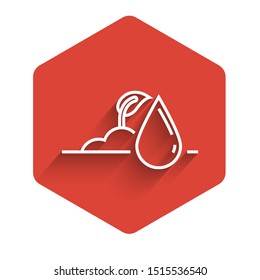 White line Watering sprout icon isolated with long shadow. Seed and seedling. Irrigation symbol. Leaf nature. Red hexagon button. Vector Illustration