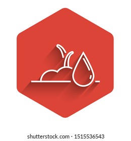 White line Watering sprout icon isolated with long shadow. Seed and seedling. Irrigation symbol. Leaf nature. Red hexagon button. Vector Illustration White line Watering sprout icon isolated with long shadow. Seed and seedling. Irrigation symbol. Leaf nature. Red hexagon button. Vector Illustration