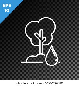 White line Watering Tree icon isolated on transparent dark background. Forest symbol. Irrigation symbol.  Vector Illustration